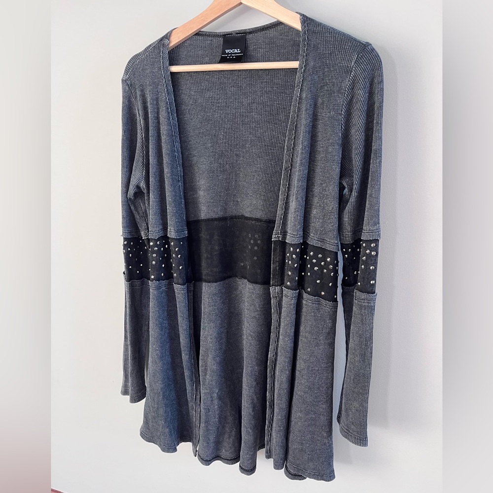 Vocal Gray Open Front Cardigan Studded Waistband Edgy Draped Sweater‎